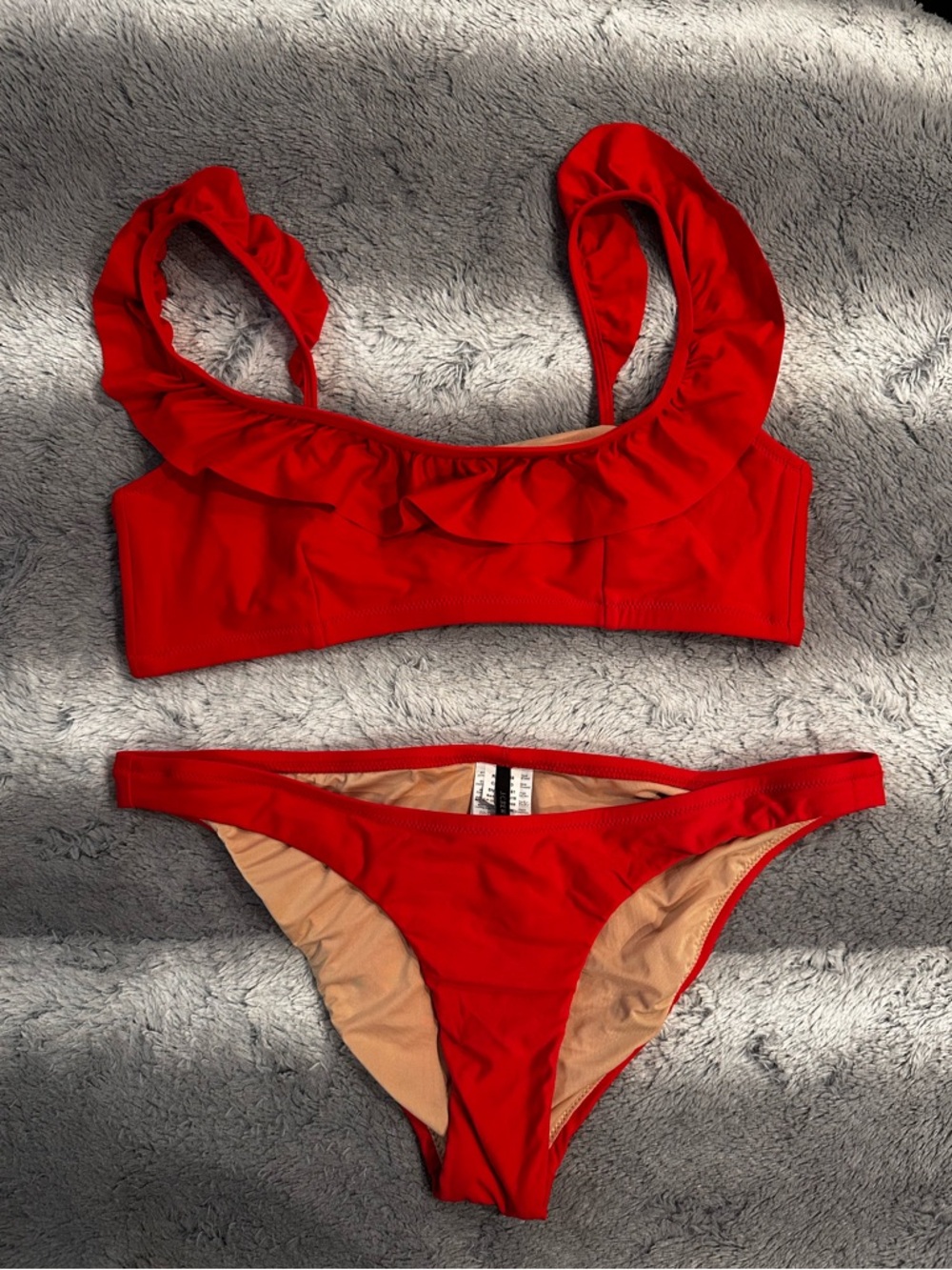 J. Crew Red Bikini Top with Ruffle Trim + matching bottom. Size medium.